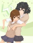 amagami bad_id black_eyes black_hair blush brown_eyes brown_hair crossover grin hair_ornament hairclip highres hug hug_from_behind misaka_mikoto multiple_girls olg open_mouth satou_rina school_uniform seiyuu_connection seiyuu_joke short_hair skirt smile sweat sweater_vest tanamachi_kaoru to_aru_majutsu_no_index wink rating:Safe score:1 user:danbooru