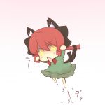 animal_ears blush_stickers bow bowtie braid cat_ears cat_tail chibi dress extra_ears fang hair_bow hazuki_ruu jumping kaenbyou_rin multiple_tails open_mouth red_hair redhead solo tail touhou rating:Safe score:1 user:danbooru