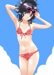 1girl amagami armpits bikini black_hair blue_eyes coroske front-tie_top hair_up ponytail shiny shiny_skin smile solo striped striped_bikini striped_swimsuit sunglasses sunglasses_on_head swimsuit tanamachi_kaoru rating:Safe score:2 user:danbooru