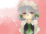 aenobas ascot blue_eyes braid bust comic hair_ribbon hammer_(sunset_beach) izayoi_sakuya looking_down maid_headdress ribbon short_hair silent_comic silver_hair solo touhou twin_braids rating:Safe score:0 user:danbooru