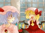 :d aenobas ascot blonde_hair bow brooch comic flandre_scarlet hair_bow hammer_(sunset_beach) hat jewelry lavender_hair looking_back multiple_girls open_mouth red_eyes remilia_scarlet short_hair siblings side_ponytail silent_comic sisters smile touhou wings rating:Safe score:0 user:danbooru