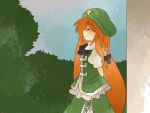 aenobas arms_behind_back bow braid closed_eyes comic eyes_closed hair_bow hammer_(sunset_beach) hat hong_meiling orange_hair red_hair silent_comic sky smile solo star touhou rating:Safe score:0 user:danbooru