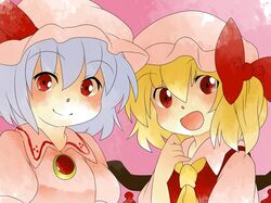 :d aenobas ascot blonde_hair bow brooch comic flandre_scarlet hair_bow hammer_(sunset_beach) hat jewelry lavender_hair multiple_girls open_mouth red_eyes remilia_scarlet short_hair side_ponytail silent_comic smile touhou wings rating:Safe score:0 user:danbooru