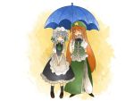 aenobas blue_eyes bow china_dress chinese_clothes comic hair_bow hammer_(sunset_beach) hat hong_meiling izayoi_sakuya long_hair maid maid_headdress multiple_girls orange_hair red_hair shared_umbrella silent_comic silver_hair smile star touhou umbrella v_arms rating:Safe score:0 user:danbooru