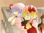 aenobas arm_rest ascot blonde_hair blush bow chin_rest closed_eyes comic eyes_closed flandre_scarlet hair_bow hammer_(sunset_beach) hands_on_face hands_on_own_face hat large_bow lavender_hair multiple_girls open_mouth remilia_scarlet short_hair siblings side_ponytail silent_comic sisters staring touhou wings wrist_cuffs rating:Safe score:0 user:danbooru