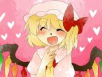 :d aenobas ascot blonde_hair bow closed_eyes comic eyes_closed flandre_scarlet hair_bow hammer_(sunset_beach) happy hat heart heart_background open_mouth side_ponytail silent_comic smile solo touhou wings rating:Safe score:0 user:danbooru