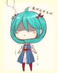 aqua_hair asphyxiation blush chibi choking dress hatsune_miku karakuri_pierrot_(vocaloid) omu_(omu929) pantyhose shaded_face simple_background solo spinning strangling translated twintails vocaloid white_background rating:Safe score:2 user:danbooru