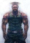 america american_flag baggy_pants belt blonde_hair boyaking camouflage capcom dog_tags guile male muscle pants realistic solo street_fighter tank_top tattoo rating:Safe score:1 user:danbooru