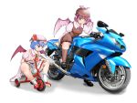 animal_ears bat_wings bloomers blue_hair brown_dress dress fang grey_eyes hat helmet motor_vehicle motorcycle multiple_girls mystia_lorelei nishishi open_mouth pink_dress pink_hair red_eyes remilia_scarlet shirt smile sweatdrop touhou tricycle upskirt vehicle wings rating:Safe score:0 user:danbooru