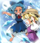 blonde_hair blue_eyes blue_hair bow brown_eyes cirno dress fang hair_bow hat ice icicle moriya_suwako multiple_girls open_mouth rivalry sun suzu_(suzuko) touhou wings rating:Safe score:0 user:danbooru