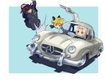 2girls :> ahoge aona bad_id blonde_hair car caster_(fate/zero) chibi crash crsh fate/stay_night fate/zero fate_(series) formal irisviel_von_einzbern left-hand_drive long_hair mercedes_benz_300sl motor_vehicle multiple_girls pant_suit parody saber suit vehicle white_hair rating:Safe score:1 user:danbooru