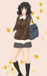 amagami bag black_eyes black_hair coroske gingko_leaf ginkgo highres jacket leaf messy_hair pleated_skirt school_bag skirt smile solo tanamachi_kaoru rating:Safe score:1 user:danbooru