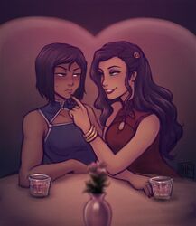 1girl 2girls asami_sato avatar_legends black_hair blue_eyes blush bracelet brown_hair cleavage_cutout dark_skin eyeshadow flower green_eyes hair_flower hair_ornament iahfy jewelry korra lips lipstick long_hair makeup multiple_girls nail_polish red_nails short_hair smile the_legend_of_korra yuri rating:Safe score:3 user:danbooru