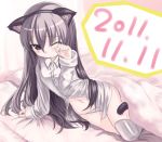  animal_ears arm_up black_hair blanket blush cat_ears dated hair_down hairband k-on! nakano_azusa navel panties rubbing_eyes solo soraneko+ tears thigh-highs thighhighs underwear white_legwear white_panties wince  rating:safe score: user:danbooru