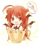 1girl :d ahoge animal_ears bat_wings blush bowtie cat_ears cat_tail chibi child cup detached_wings dress_shirt fang head_wings highres in_container in_cup kemonomimi_mode koa_(phrase) koakuma minigirl open_mouth red_eyes red_hair redhead ribbon shirt smile solo tail tail_ribbon teacup touhou vest wings yuuhagi_(amaretto-no-natsu) rating:Safe score:2 user:danbooru