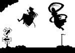 absurdres directional_arrow dress eating flying food fruit hat highres hinanawi_tenshi kitazinger long_hair monochrome multiple_girls nagae_iku peach planted_sword planted_weapon shawl short_hair sign silhouette sword sword_of_hisou touhou weapon rating:Safe score:0 user:danbooru