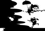 absurdres bow chain chains chasing gap gourd hair_bow hat highres horns ibuki_suika kitazinger long_hair monochrome multiple_girls parasol reaching running silhouette spill touhou umbrella very_long_hair yakumo_yukari rating:Safe score:1 user:danbooru