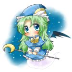 :< bat_wings blue_dress blue_eyes blush bow bowtie capelet chibi crescent dress ghost ghost_tail green_hair hat long_hair mima minigirl rebecca_(keinelove) snowing solo staff touhou touhou_(pc-98) v_arms wings wizard_hat rating:Safe score:19 user:danbooru
