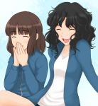 amagami black_hair brown_hair closed_eyes coroske eyes_closed gym_uniform messy_hair multiple_girls open_mouth smile tanaka_keiko tanamachi_kaoru track_jacket rating:Safe score:0 user:danbooru