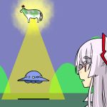 abduction animalization beam bow cow floating fujiwara_no_mokou hair_bow hill horn horn_ribbon horns irony kamishirasawa_keine long_hair looking_at_another open_mouth red_eyes ribbon role_reversal seki_(red_shine) silver_hair simple_background solo touhou traction_beam ufo what rating:Safe score:3 user:danbooru