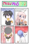 3girls 4koma ahoge arms_up black_hair black_rock_shooter black_rock_shooter_(character) blonde_hair blue_eyes blue_hair blush_stickers braid catstudio_(artist) chibi comic eating food highres ia_(vocaloid) kagamine_rin kaito long_hair multiple_girls neckerchief off_shoulder open_mouth pink_hair pizza plate scarf shirt short_hair sweat thai translated translation_request twin_braids twintails vocaloid rating:Safe score:1 user:danbooru