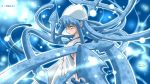 bad_id blue_eyes blue_hair dress hat highres ikamusume long_hair mokeke!! prehensile_hair shinryaku!_ikamusume solo tentacle_hair white_dress rating:Safe score:0 user:danbooru