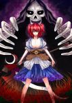 breasts cleavage coin death_(entity) dress flower grim_reaper gumihotaru hair_bobbles hair_ornament huge_breasts large_breasts obi onozuka_komachi red_eyes red_hair redhead scythe short_hair short_twintails skeleton skull smile spider_lily touhou twintails rating:Safe score:2 user:danbooru