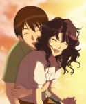 1boy 1girl amagami brown_hair closed_eyes coroske couple curly_hair eyes_closed from_behind happy hug long_hair short_hair smile sunset tachibana_jun'ichi tachibana_jun'ichi tanamachi_kaoru wavy_hair rating:Safe score:3 user:danbooru