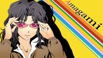 adjusting_glasses amagami bespectacled black_eyes black_hair glasses lips makisige messy_hair parody persona persona_4 school_uniform smile solo style_parody sweater tanamachi_kaoru rating:Safe score:2 user:danbooru