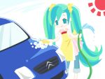 bebe_(bebehappo) blush_stickers car car_wash green_eyes green_hair hatsune_miku hose jeans long_hair motor_vehicle smile sponge suds twintails vehicle very_long_hair vocaloid water rating:Safe score:0 user:danbooru