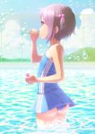 akahige ass bubble bubble_blowing casual_one-piece_swimsuit flat_chest from_behind hair_bobbles hair_ornament highres nagato_yuki one-piece_swimsuit profile purple_eyes purple_hair short_hair solo sparkle suzumiya_haruhi_no_yuuutsu swimsuit violet_eyes wading water young rating:Safe score:5 user:danbooru