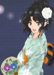 amagami coroske fan flower hair_flower hair_ornament halftone japanese_clothes kimono obi paper_fan smile solo tanamachi_kaoru uchiwa wavy_hair rating:Safe score:0 user:danbooru