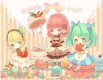 ahoge asahi_(pamuko) blonde_hair candy cherry cupcake dress food food_as_clothes food_themed_clothes fork fruit green_hair hair_ornament hairclip hatsune_miku heart heart-shaped_pupils kagamine_rin lollipop macaron megurine_luka minigirl multiple_girls red_hair redhead sitting strawberry striped striped_background sweets symbol-shaped_pupils twintails vocaloid rating:Safe score:2 user:danbooru