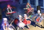 6+girls :d bat_wings blonde_hair blue_hair boots braid brown_hair capelet crescent dress drum drum_set flandre_scarlet greetload guitar hat hat_ribbon head_wings holding hong_meiling instrument izayoi_sakuya koakuma long_hair maid maid_headdress microphone multiple_girls open_mouth outstretched_arms pantyhose patchouli_knowledge piano purple_eyes purple_hair red_eyes red_hair redhead remilia_scarlet ribbon shadow silver_hair smile star touhou twin_braids violet_eyes wings wrist_cuffs rating:Safe score:8 user:danbooru