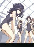 :d amagami armpits arms_up bare_shoulders black_eyes black_hair brown_eyes brown_hair curly_hair hairband hands_on_knees highres looking_at_viewer morishima_haruka multiple_girls nakata_sae open_mouth saitom scan school_swimsuit sketch smile swimsuit tachibana_miya tanamachi_kaoru twintails rating:Safe score:2 user:danbooru