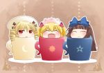 :d ^_^ aenobas blonde_hair bow brown_hair chibi closed_eyes crescent cup drill_hair eyes_closed hair_bow hammer_(sunset_beach) hat in_container in_cup long_hair luna_child multiple_girls open_mouth outline red_eyes smile star star_sapphire sun_(symbol) sunny_milk touhou twin_drills rating:Safe score:0 user:danbooru