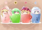 :d ^_^ aenobas aki_minoriko arm_up blonde_hair blue_eyes blush chibi closed_eyes cup eyes_closed flower food fruit grapes green_hair hammer_(sunset_beach) hat in_container in_cup kazami_yuuka letty_whiterock lily_white looking_at_viewer multiple_girls open_mouth outline red_eyes short_hair silver_hair smile snowflakes sunflower touhou rating:Safe score:0 user:danbooru