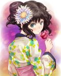 alternate_hairstyle amagami ariaridoradora black_hair candy_apple floral_print flower from_behind green_eyes hair_flower hair_ornament japanese_clothes kimono looking_back solo tanamachi_kaoru rating:Safe score:0 user:danbooru