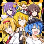 1girl album_cover alice_margatroid alternate_costume alternate_headwear bass_guitar blonde_hair blue_hair bow brown_hair closed_eyes cover crescent drumsticks flandre_scarlet grin guitar hair_ribbon hair_tubes hakurei_reimu hat hat_bow hemogurobin_a1c instrument kawashiro_nitori kirisame_marisa long_hair multiple_girls patchouli_knowledge pointy_ears purple_hair ribbon saxophone short_hair smile solo touhou trombone trumpet rating:Safe score:1 user:danbooru