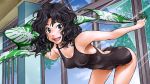 amagami black_eyes black_hair curly_hair fukudahda leaning_forward long_hair looking_at_viewer one-piece_swimsuit open_mouth outstretched_arms smile solo spread_arms sunbeam sunlight swimsuit tanamachi_kaoru towel wavy_hair wet window rating:Safe score:0 user:danbooru