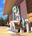 ares_(garuda) closed_eyes eyes_closed faucet feet_in_water green_hair hatsune_miku hose long_hair open_mouth sitting soaking_feet solo twintails uz3d very_long_hair vocaloid water rating:Safe score:2 user:danbooru