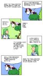 4koma brown_hair chamupei checkered checkered_skirt comic detached_sleeves engrish frog_hair_ornament green_hair hair_ornament highres himekaidou_hatate kochiya_sanae long_hair multiple_girls peanuts ranguage skirt snoopy touhou twintails rating:Safe score:0 user:danbooru