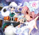 blush breasts drum drum_set drumsticks enjoy_mix foreshortening green_eyes hair_ribbon hairband hands hat hitodama instrument japanese_clothes konpaku_youmu konpaku_youmu_(ghost) long_sleeves microphone multiple_girls pink_hair red_eyes ribbon saigyouji_yuyuko short_hair silver_hair singing sitting skirt smile touhou triangular_headpiece wide_sleeves rating:Safe score:0 user:danbooru