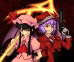 alucard_(hellsing) bat_wings black_hair cosplay costume_switch cross crossover genderswap girlycard gloves gun handgun hat hellsing hellsing:_the_dawn long_hair overcoat purple_hair red_eyes remilia_scarlet short_hair spear_the_gungnir touhou vampire weapon wings rating:Safe score:5 user:Danbooru