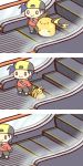 1boy 3koma :> :3 baseball_cap cafe_(chuu_no_ouchi) chibi comic creature escalator gold_(pokemon) hat male o_o pokemon pokemon_(creature) raichu standing rating:Safe score:5 user:danbooru