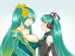 2girls aqua_hair breast_press breasts cleavage detached_sleeves hatsune_miku headphones league_of_legends long_hair lowres multiple_girls sleeveless smile sona_buvelle symmetrical_docking twintails very_long_hair vocaloid rating:Safe score:1 user:danbooru