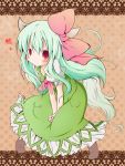  1girl bow colored daigorou ex-keine green_hair heart horns kamishirasawa_keine long_hair looking_at_viewer red_eyes smile solo tail touhou 