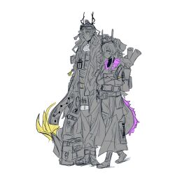  alternate_universe arknights book brother_and_sister doll dragon_boy dragon_girl dragon_horns dragon_tail hat headpat highres holding holding_book horns jie_(arknights) multiple_tails non-web_source rhodes_island_logo_(arknights) scarf siblings standing tail two_tails walking wang_(arknights) 