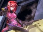  ahoge blood bodysuit bou bow breasts clothed_navel hair_bow hair_intakes highres kagami_sumika large_breasts long_hair muvluv muvluv_alternative red_eyes red_hair solo steam very_long_hair wallpaper watermark 