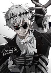  1boy black_crown black_gloves colored_skin crown formal gloves halloween highres humanization jack_skellington jacket kayanoki_danro long_sleeves looking_at_viewer male_focus pinstripe_pattern pinstripe_suit pixiv_username red_eyes round_eyewear shirt short_hair skeleton skeleton_print smile smirk solo stitches striped_clothes striped_jacket suit the_nightmare_before_christmas twisted_wonderland twitter_username white_background white_hair white_shirt white_skin 